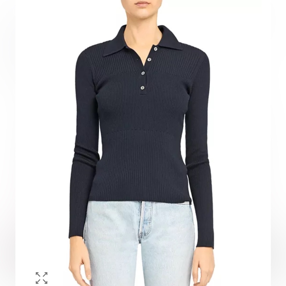 Theory Stretch Ribbed Polo Wool Blend Sweater in Navy Blue